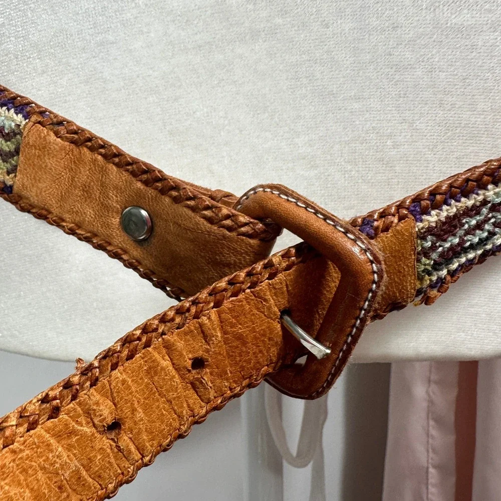 Woven Leather Belt Unisex 38 Brown Good‎ Boho Geometric Guatemala